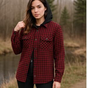 Eddie Bauer Women’s Hooded Flannel Shirt M Red Black Plaid Button Up Outdoor